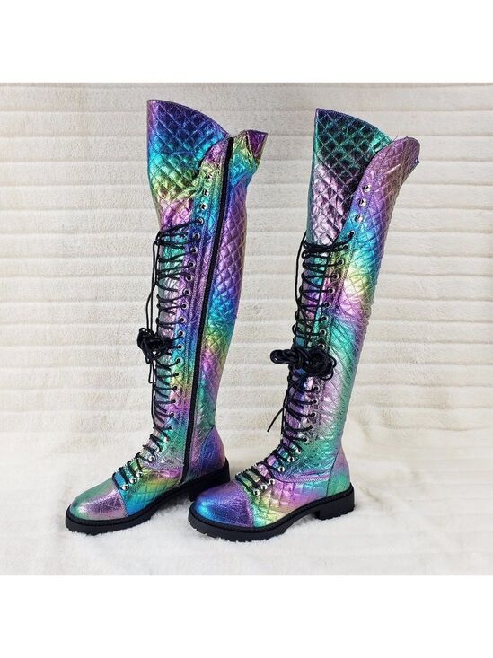Ocho Shoes - Travis Festive Quilted Metallic Rainbow Corset Lace Over the Knee Boots